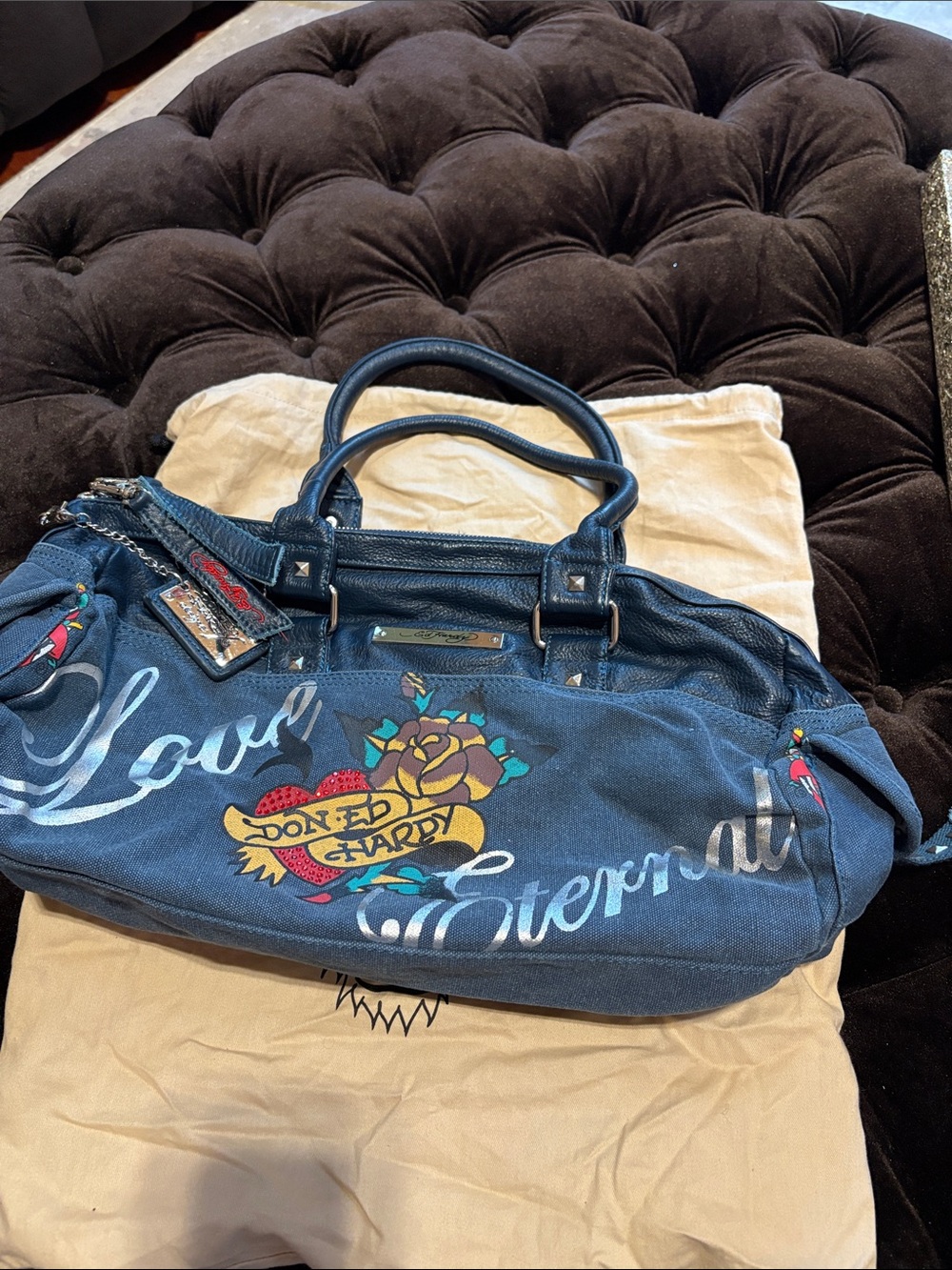 Ed Hardy Navy Canvas 'Love Eternal' Shoulder Bag with Multicolor Tattoo Motif